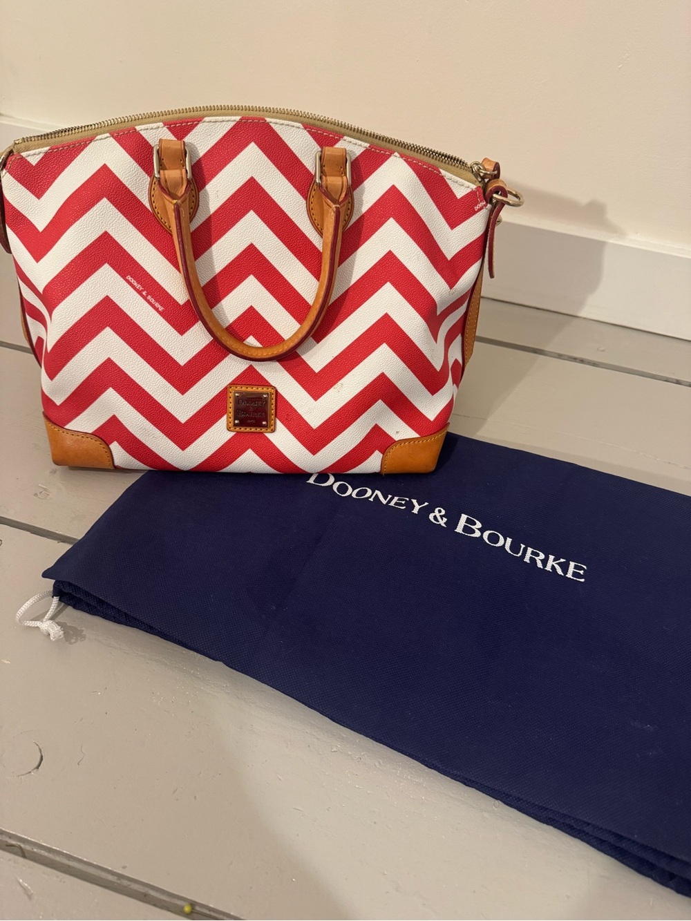 Dooney & Bourke Red and White Chevron Satchel with Tan Trim - Picture 9 of 10